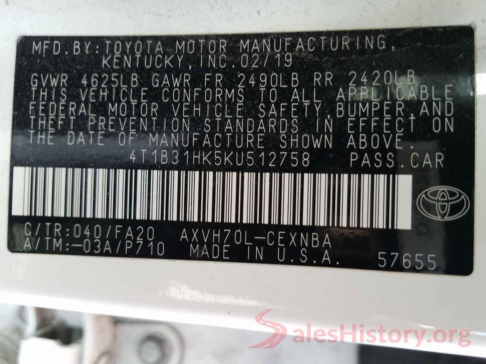 4T1B31HK5KU512758 2019 TOYOTA CAMRY