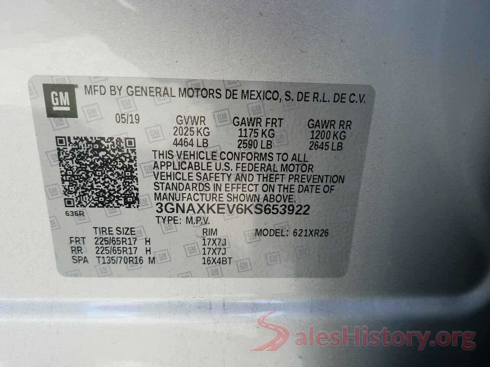 3GNAXKEV6KS653922 2019 CHEVROLET EQUINOX