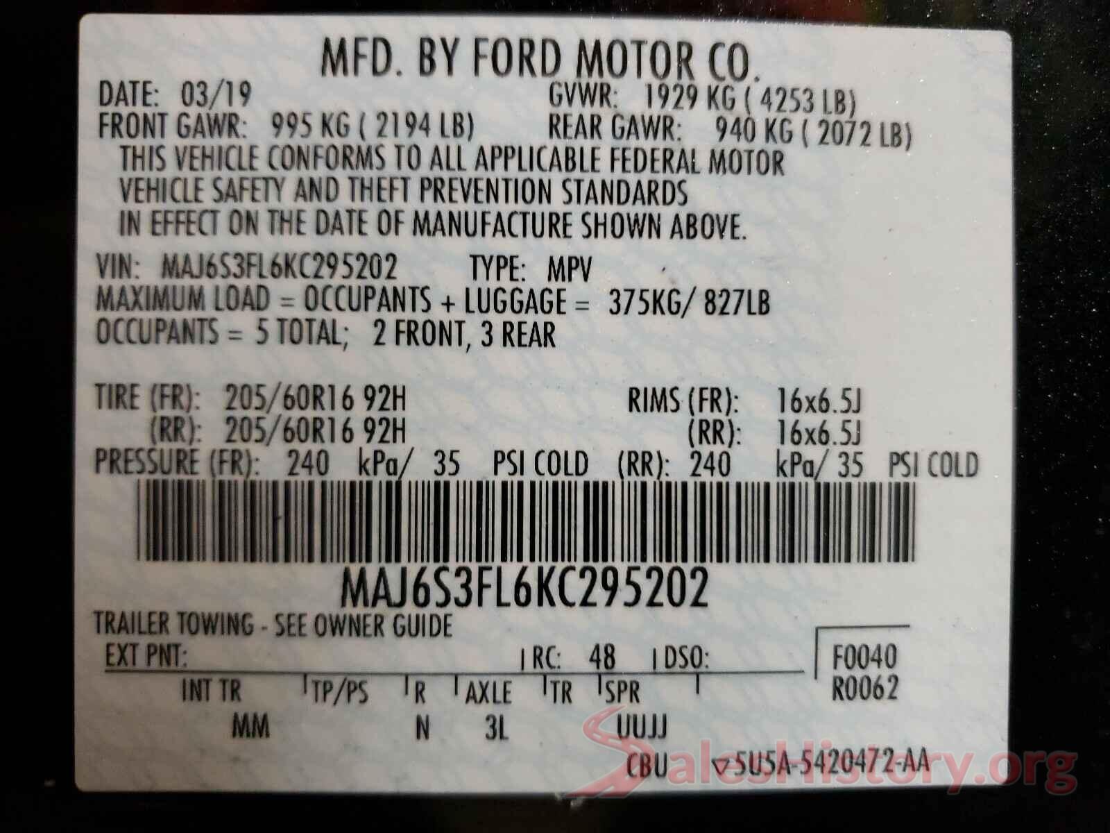 MAJ6S3FL6KC295202 2019 FORD ALL OTHER