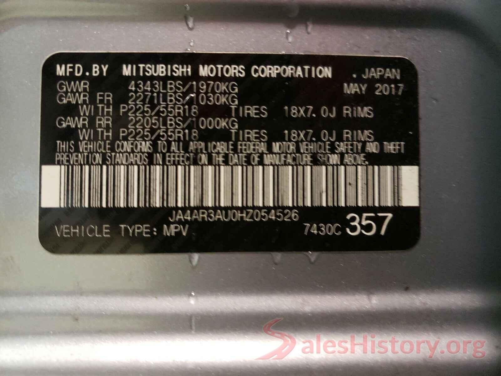 JA4AR3AU0HZ054526 2017 MITSUBISHI OUTLANDER