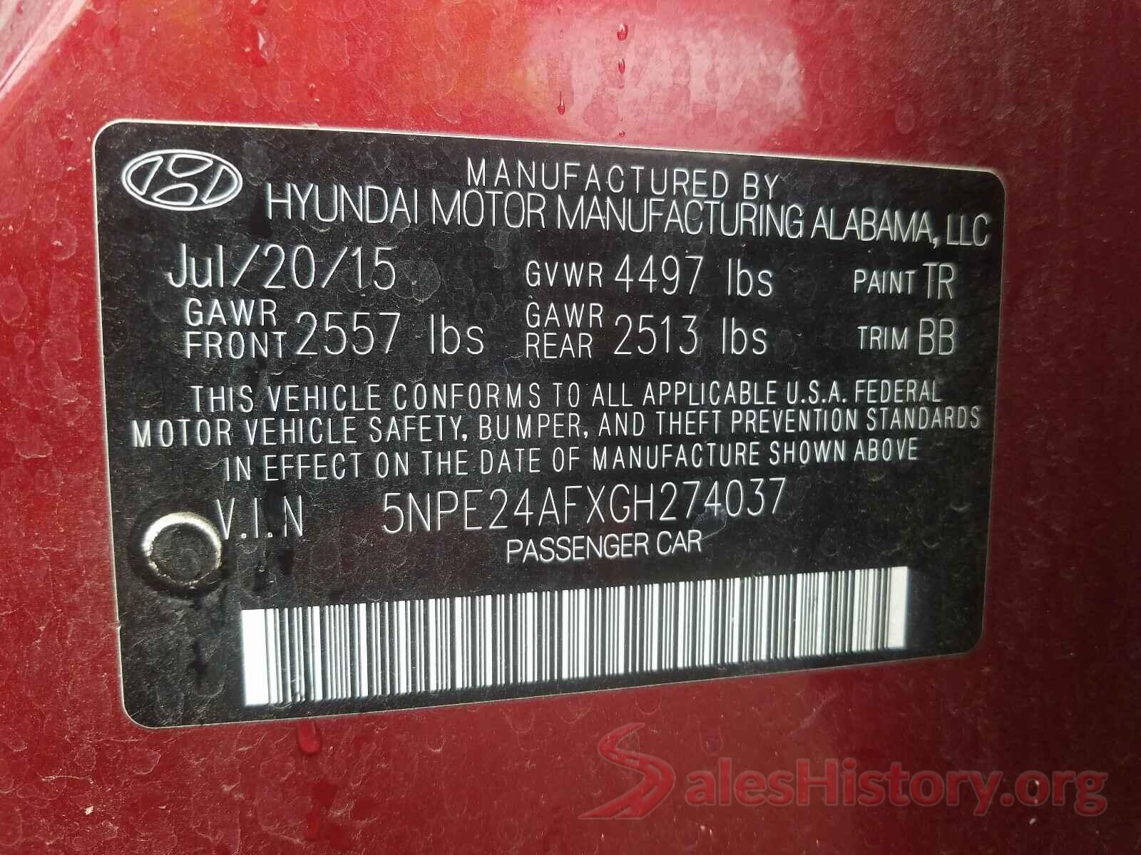 5NPE24AFXGH274037 2016 HYUNDAI SONATA