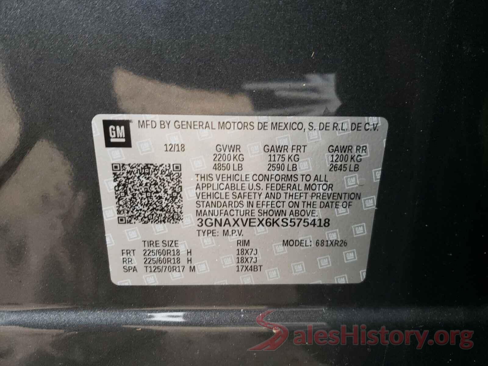 3GNAXVEX6KS575418 2019 CHEVROLET EQUINOX