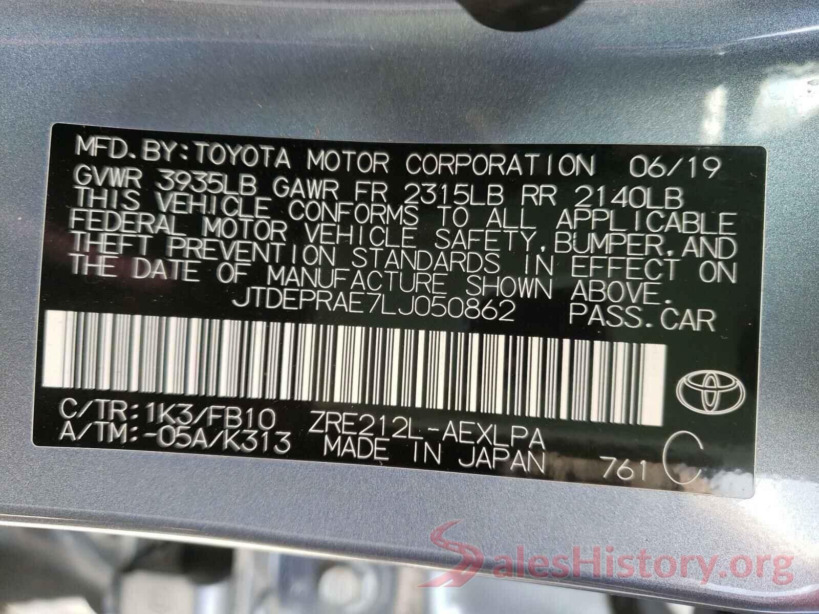 JTDEPRAE7LJ050862 2020 TOYOTA COROLLA