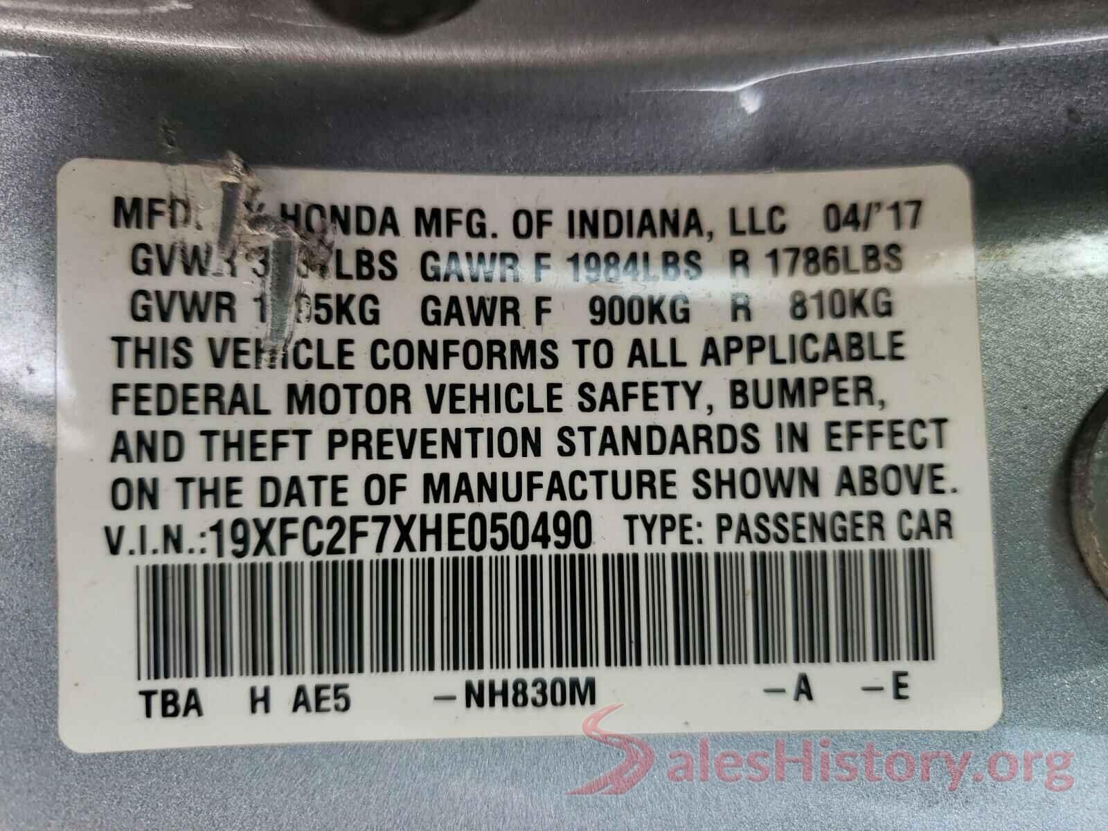 19XFC2F7XHE050490 2017 HONDA CIVIC