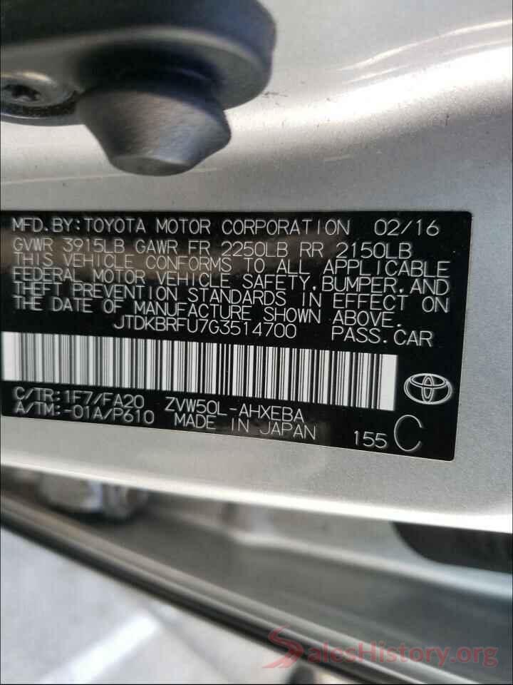 JTDKBRFU7G3514700 2016 TOYOTA PRIUS