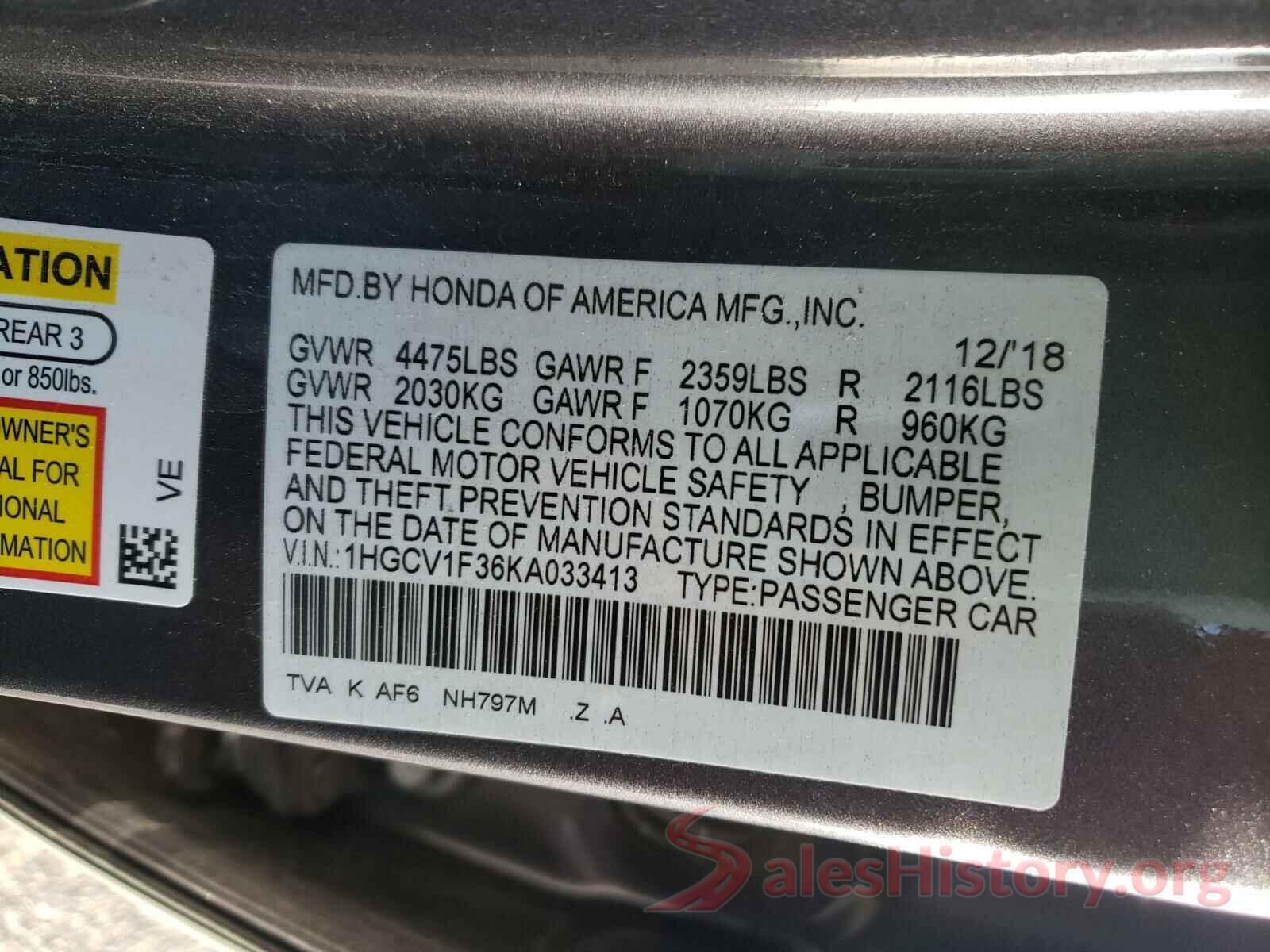 1HGCV1F36KA033413 2019 HONDA ACCORD