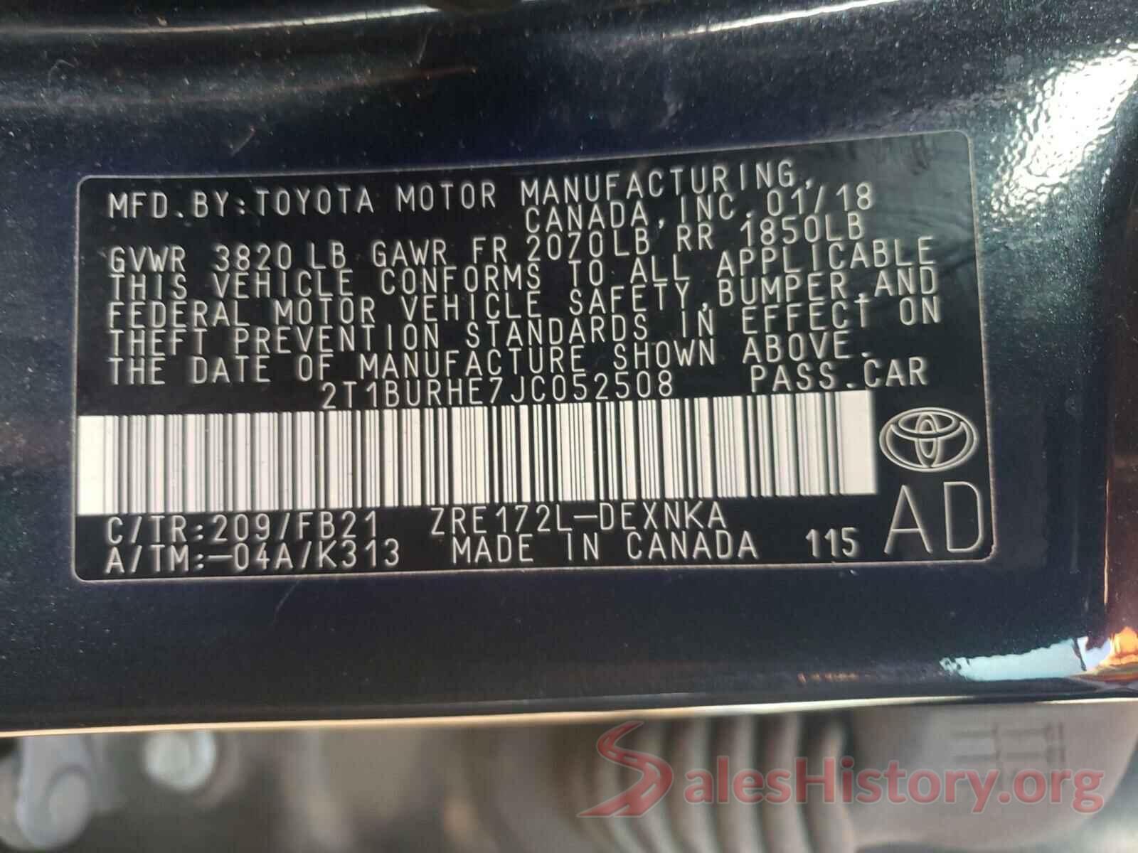 2T1BURHE7JC052508 2018 TOYOTA COROLLA