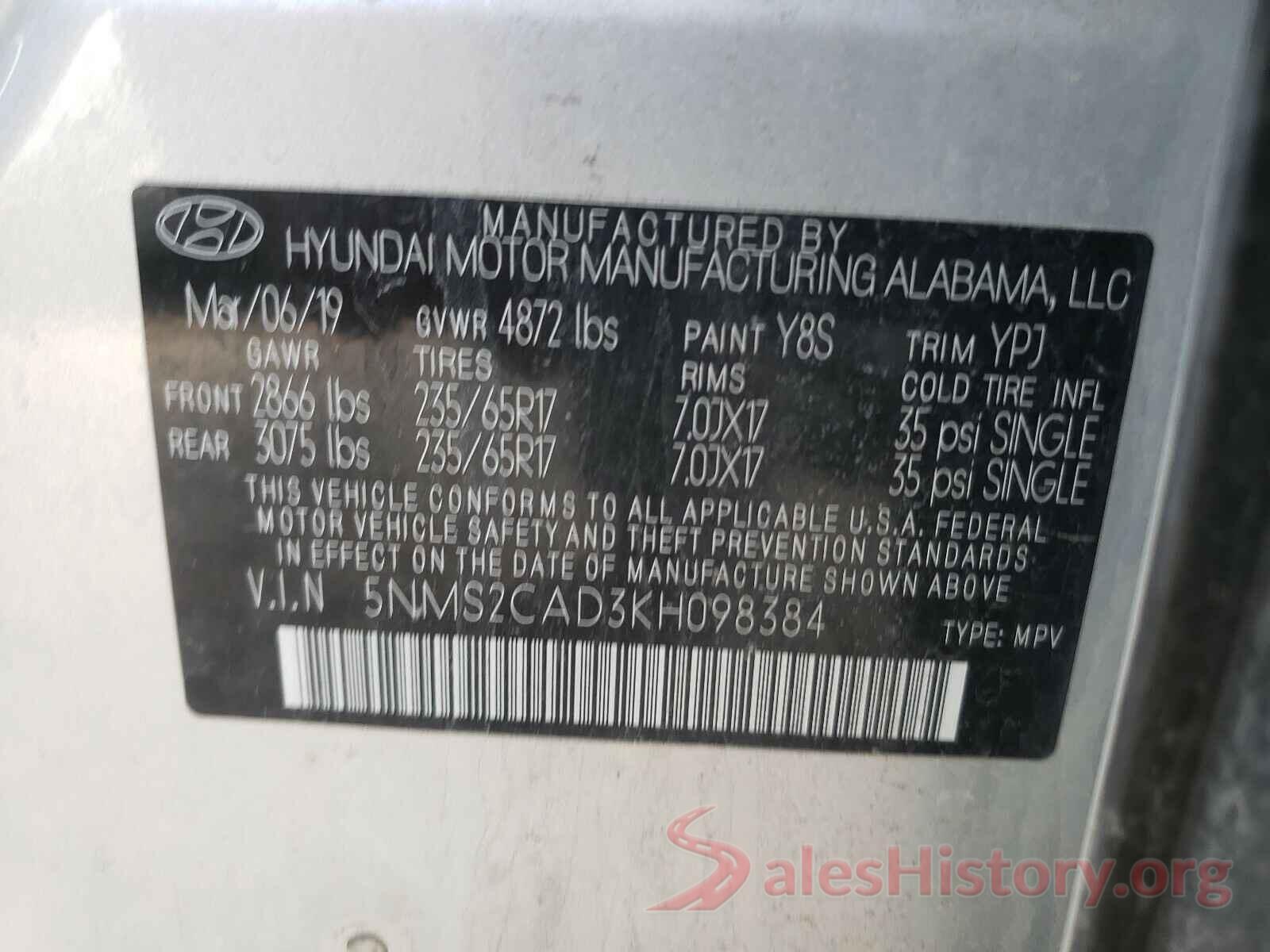 5NMS2CAD3KH098384 2019 HYUNDAI SANTA FE