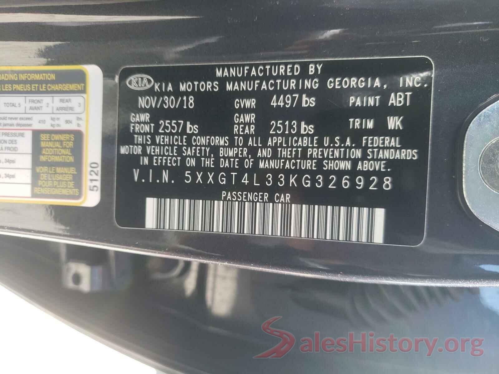 5XXGT4L33KG326928 2019 KIA OPTIMA