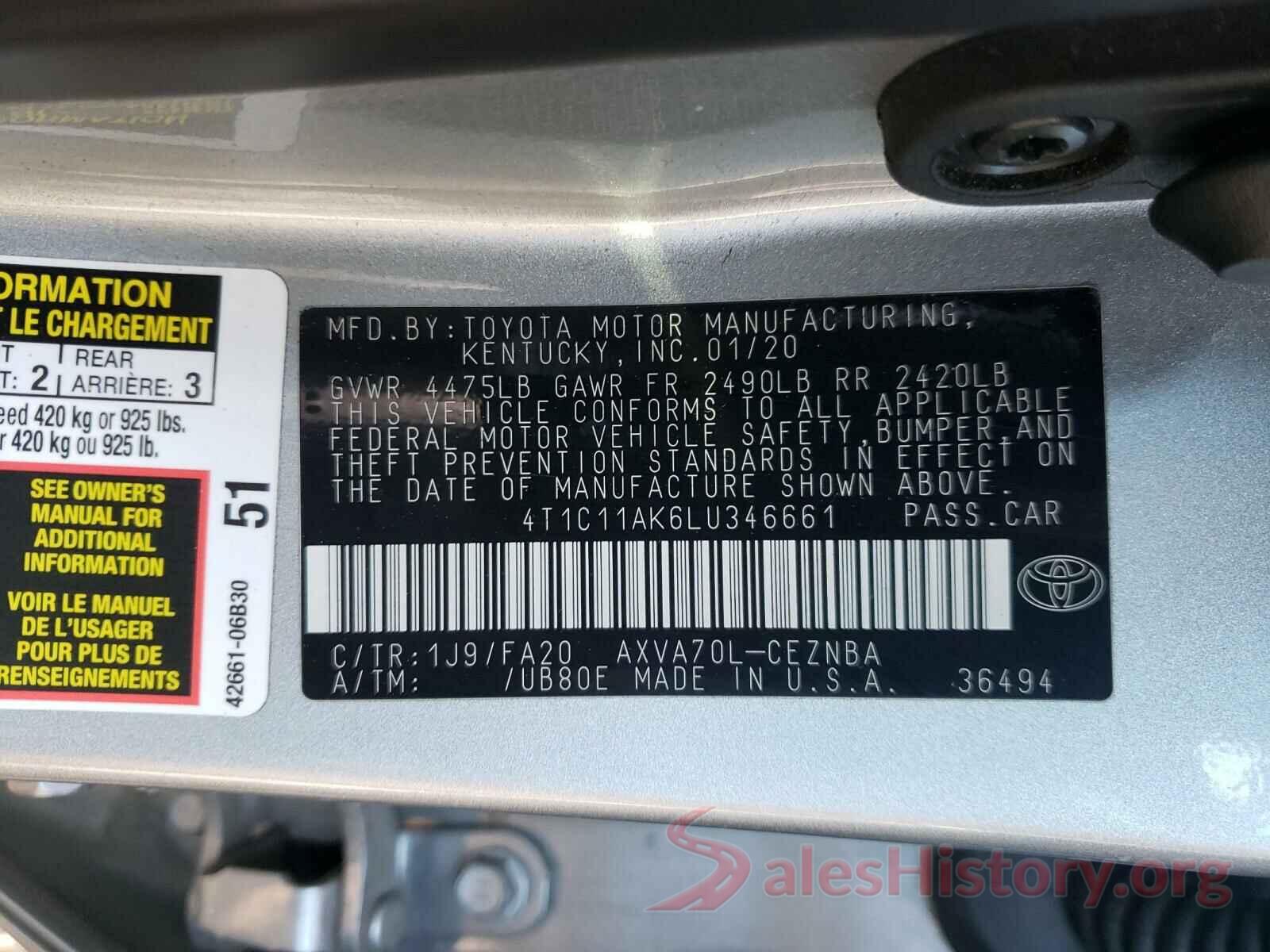 4T1C11AK6LU346661 2020 TOYOTA CAMRY