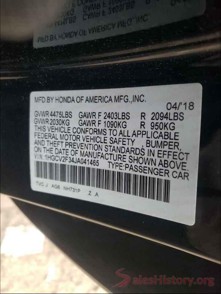 1HGCV2F34JA041465 2018 HONDA ACCORD