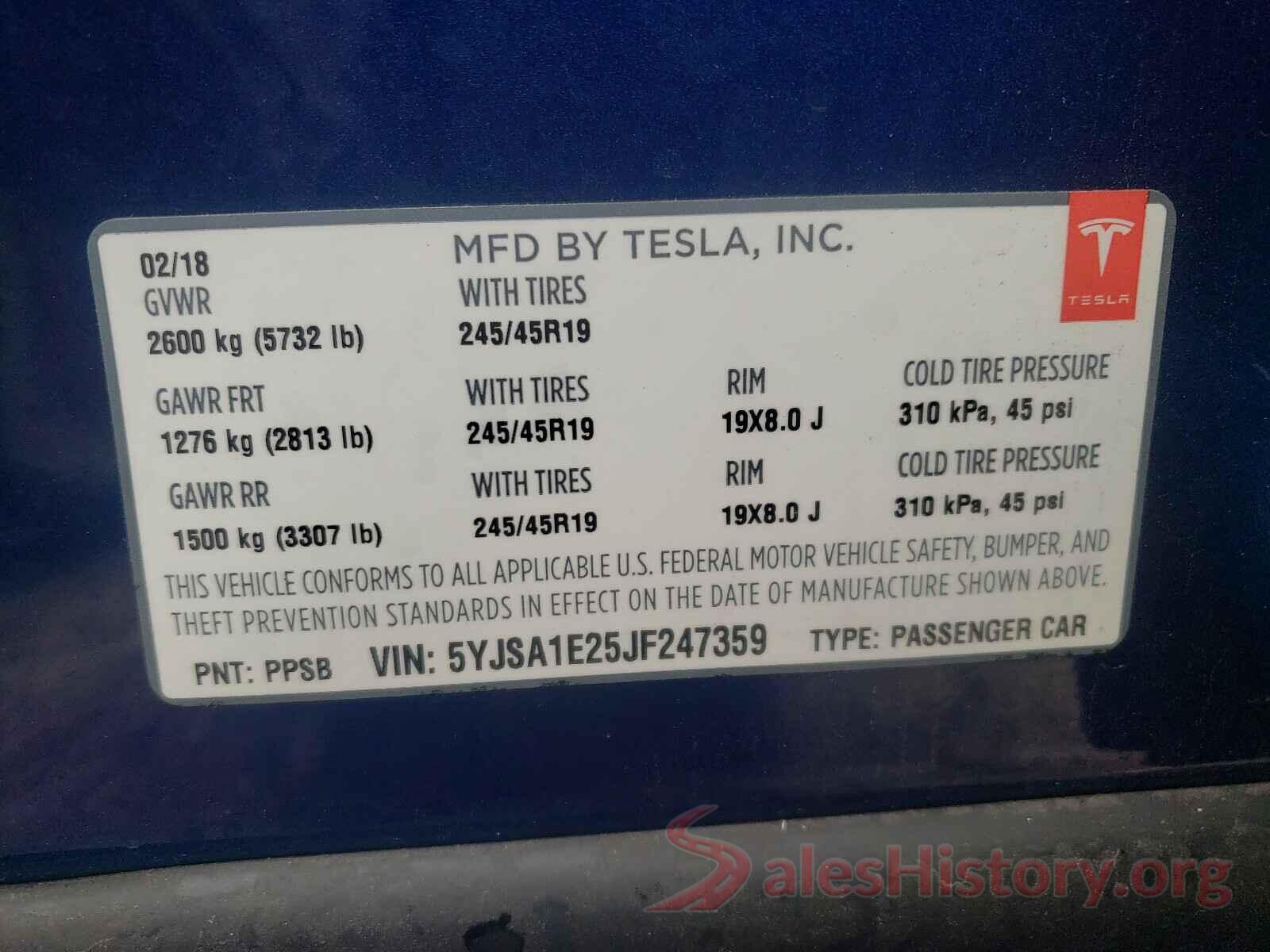 5YJSA1E25JF247359 2018 TESLA MODEL S