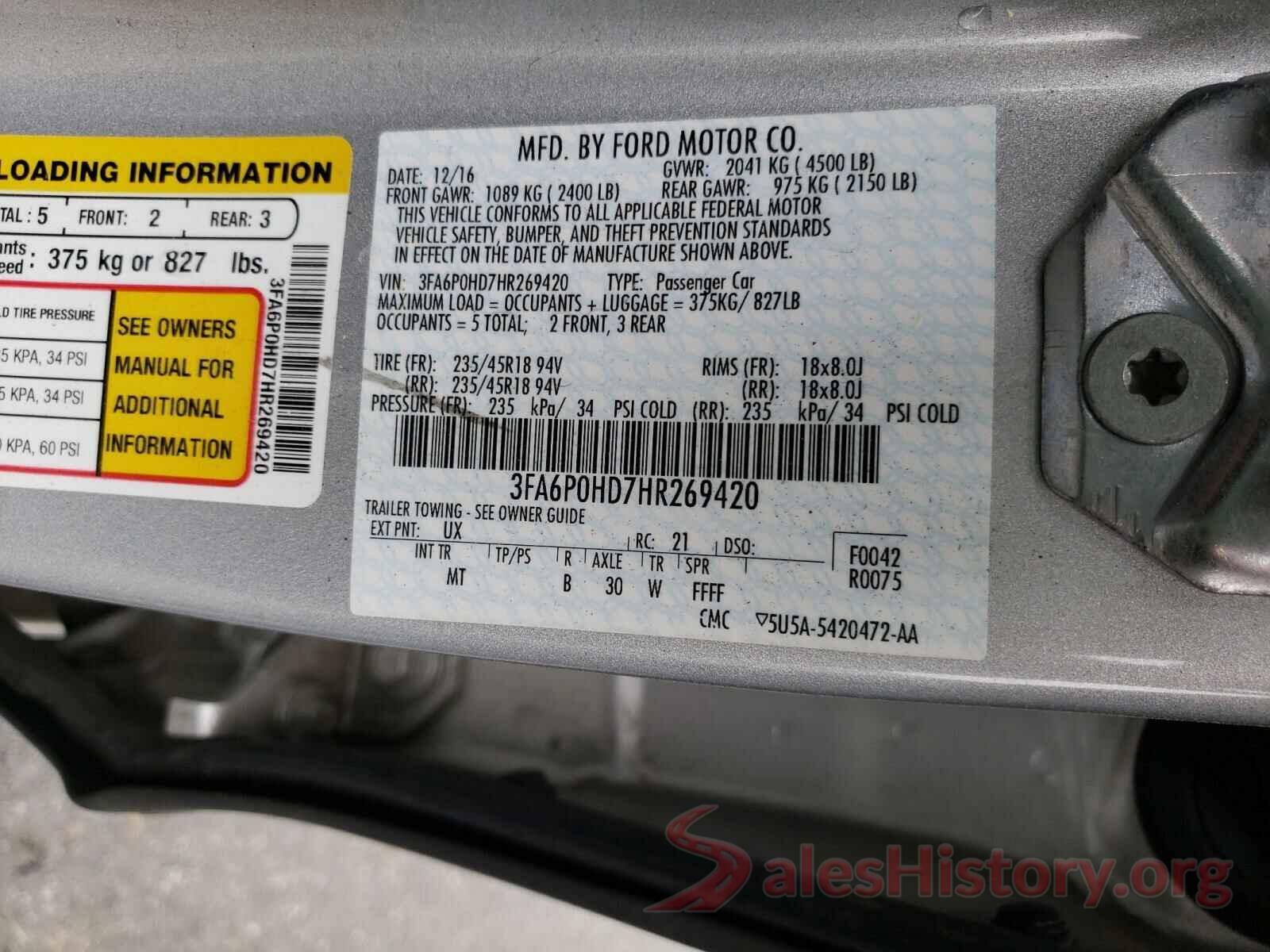 3FA6P0HD7HR269420 2017 FORD FUSION