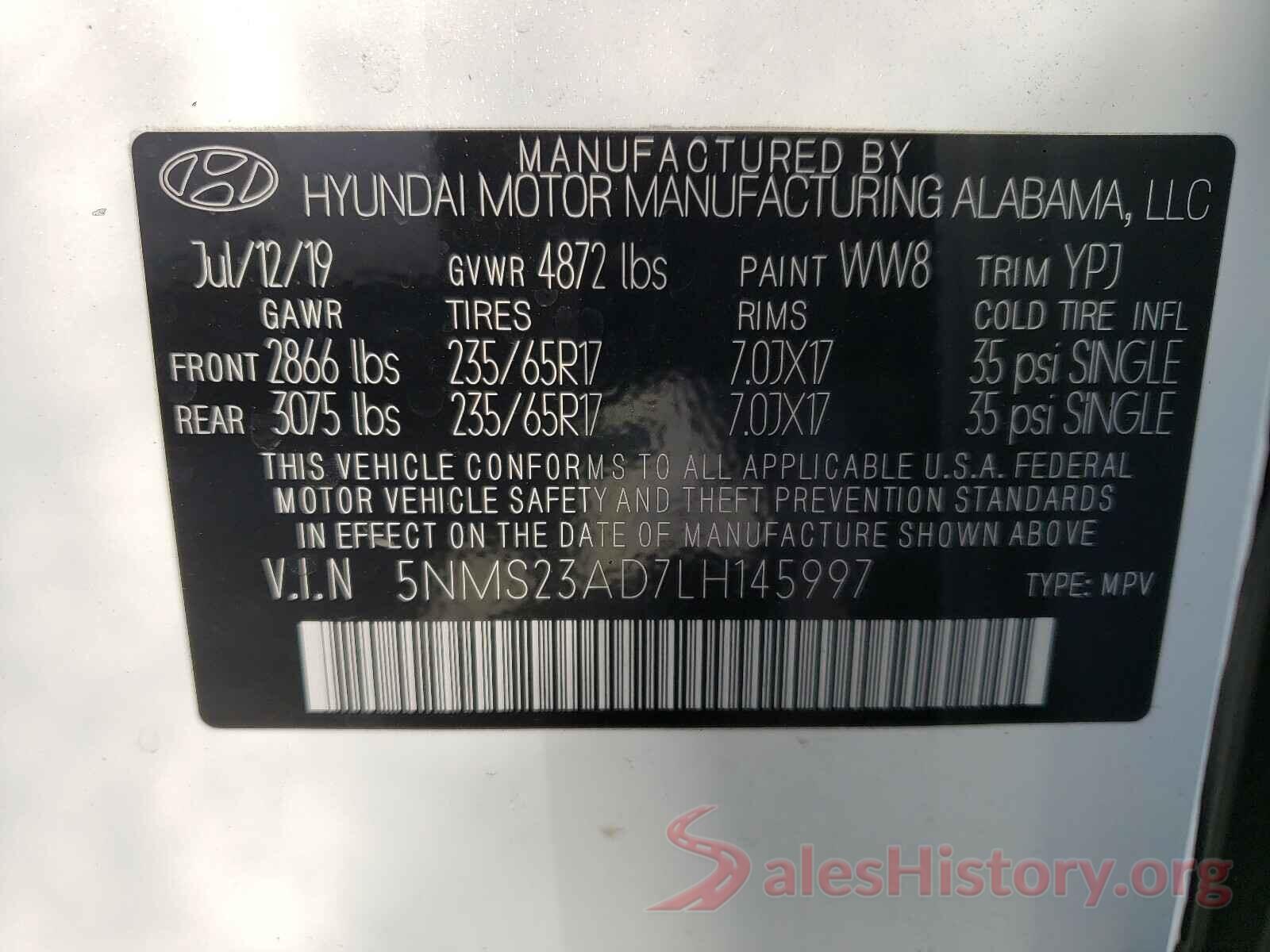 5NMS23AD7LH145997 2020 HYUNDAI SANTA FE