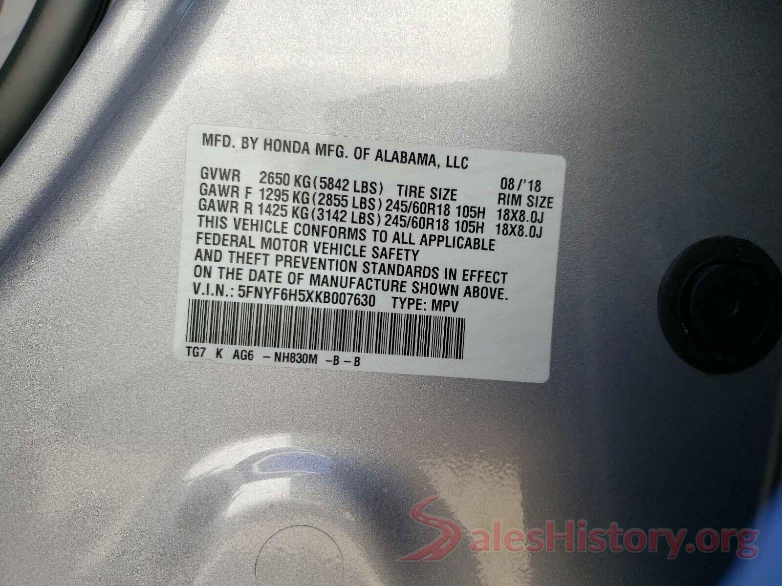 5FNYF6H5XKB007630 2019 HONDA PILOT