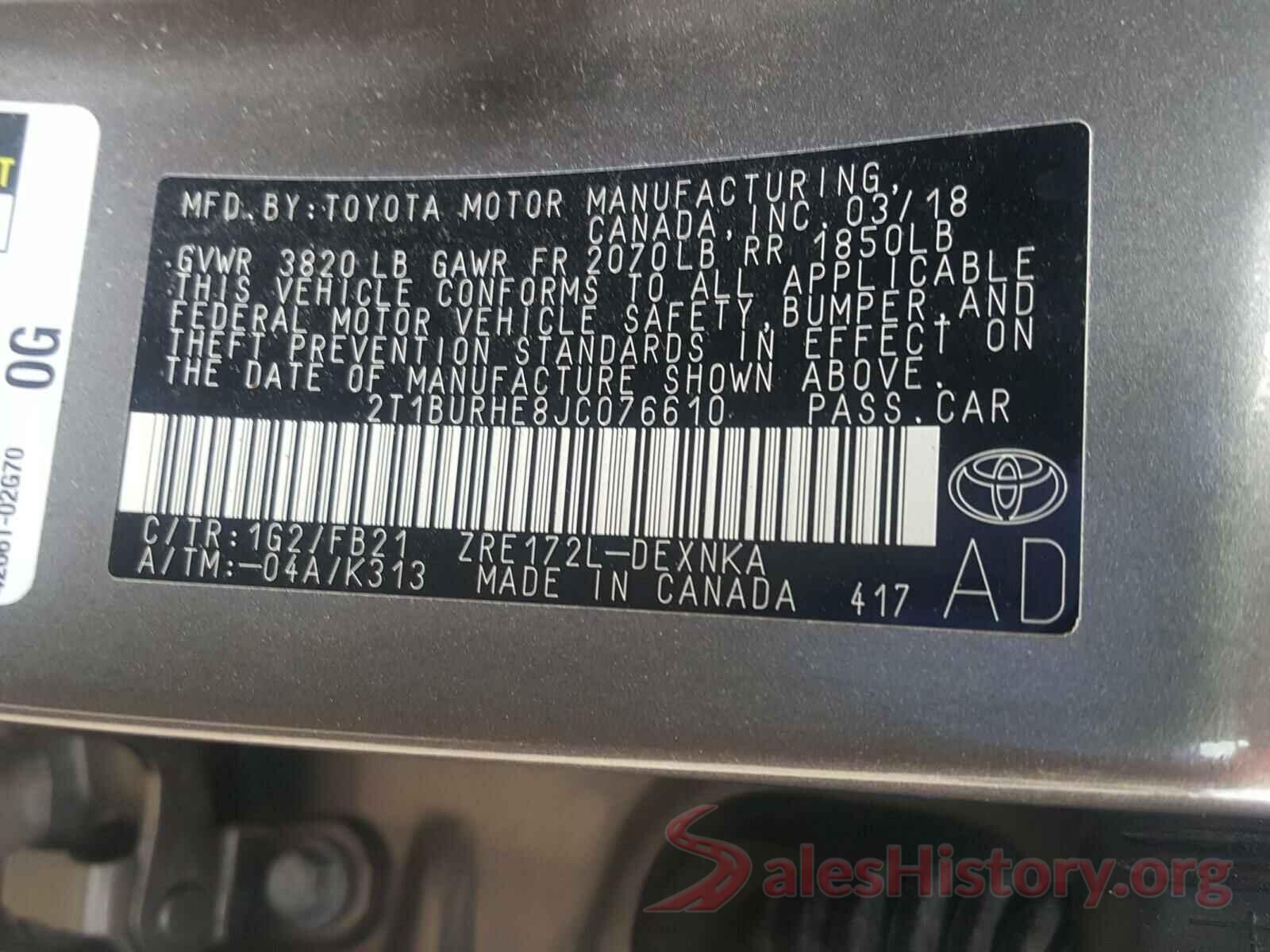 2T1BURHE8JC076610 2018 TOYOTA COROLLA