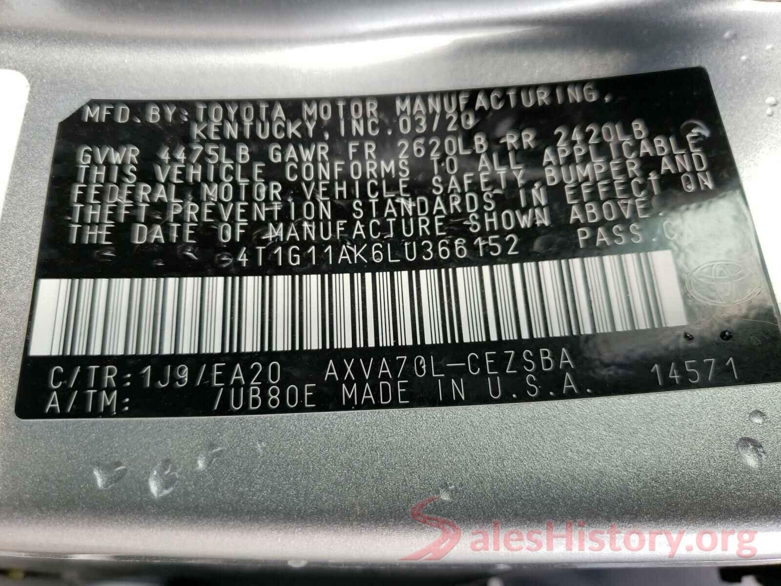 4T1G11AK6LU366152 2020 TOYOTA CAMRY