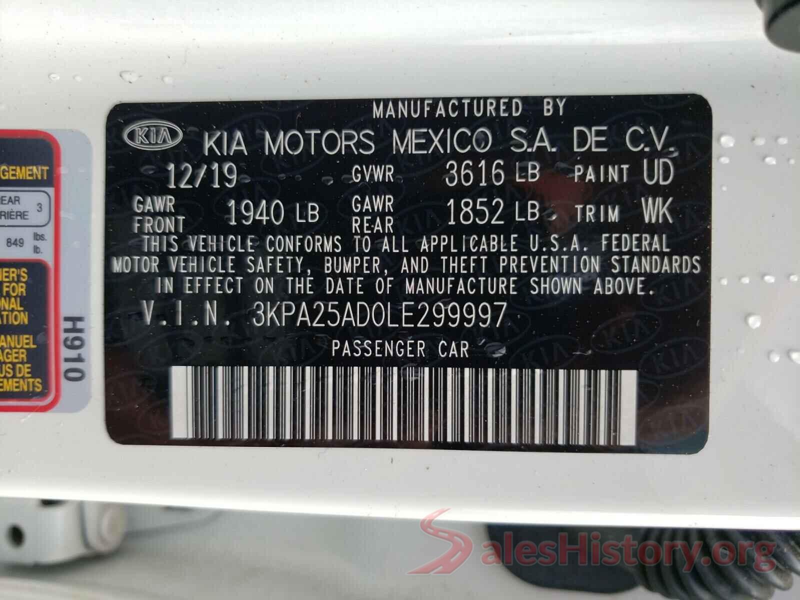 3KPA25AD0LE299997 2020 KIA RIO