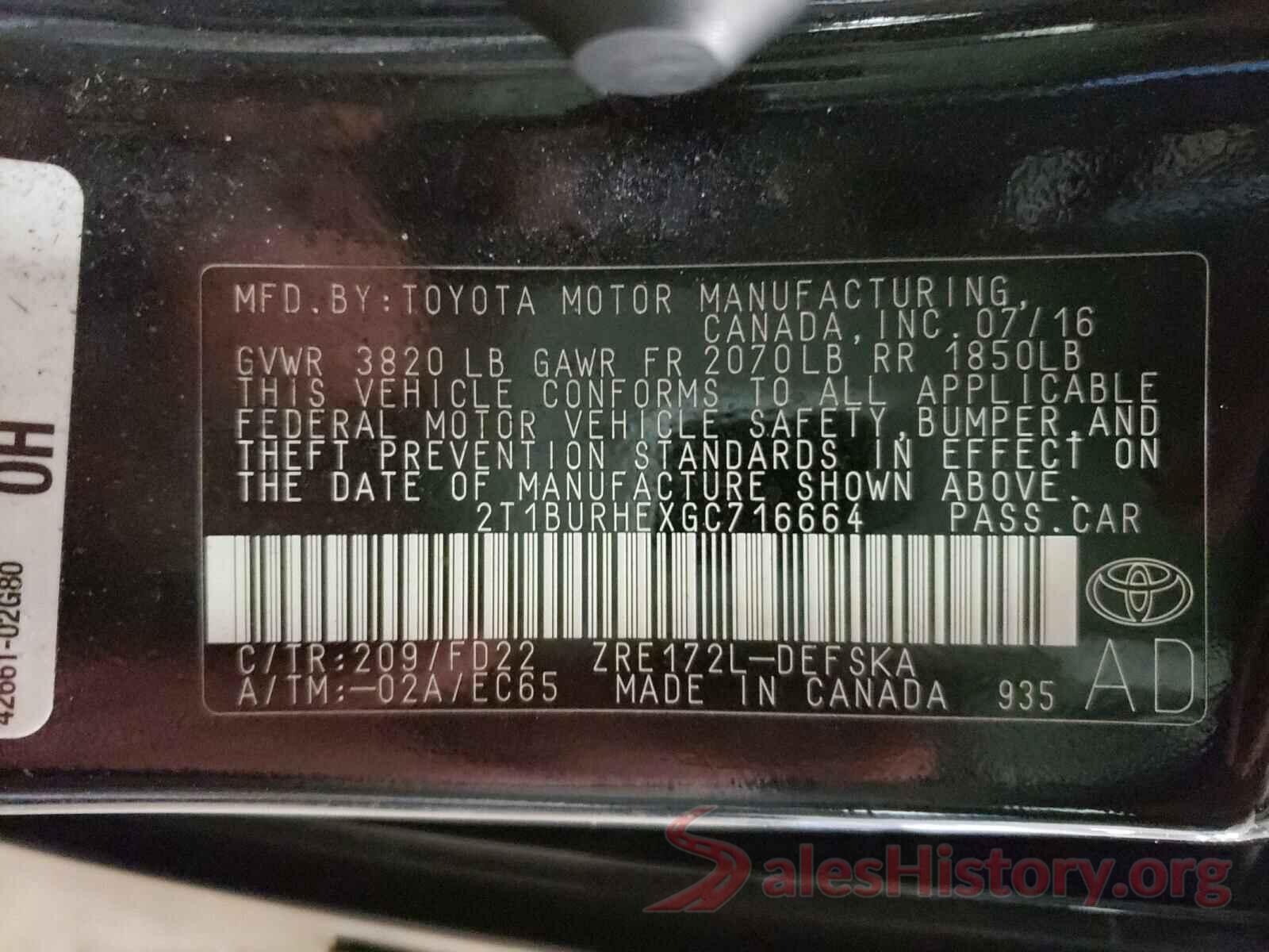 2T1BURHEXGC716664 2016 TOYOTA COROLLA