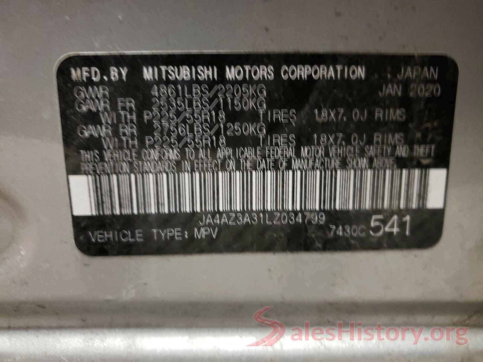 JA4AZ3A31LZ034799 2020 MITSUBISHI OUTLANDER