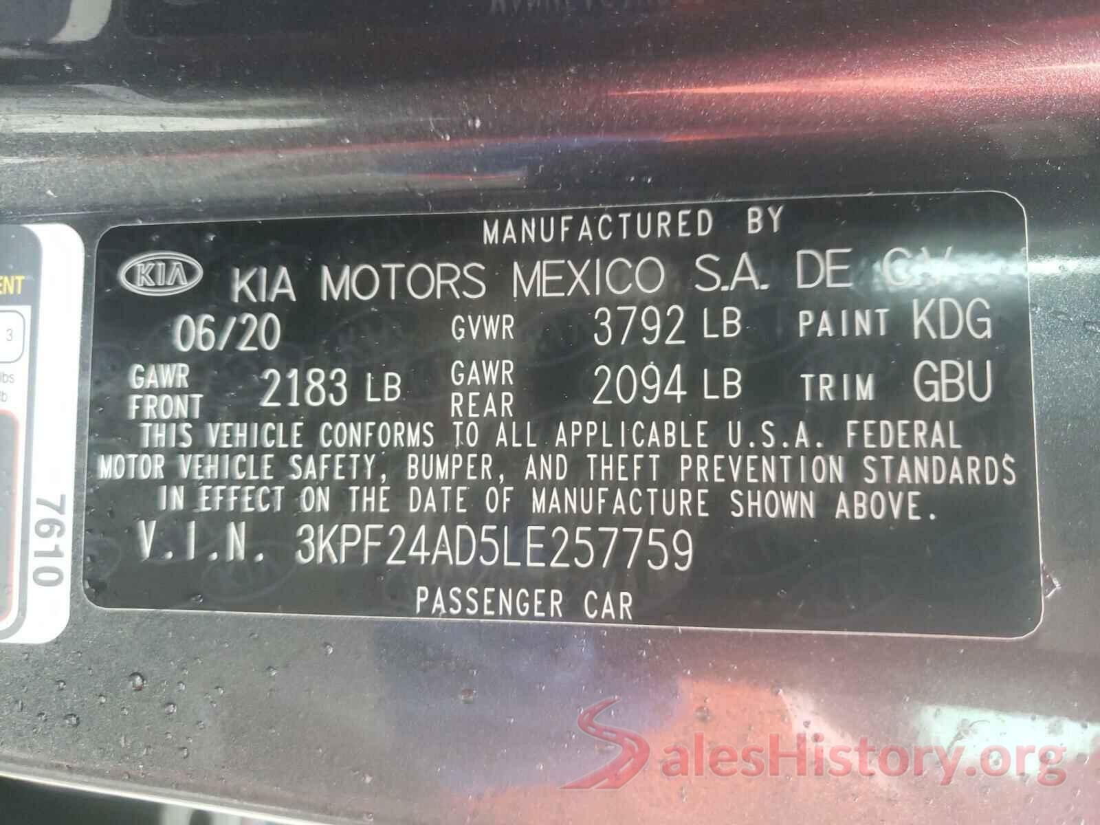 3KPF24AD5LE257759 2020 KIA FORTE