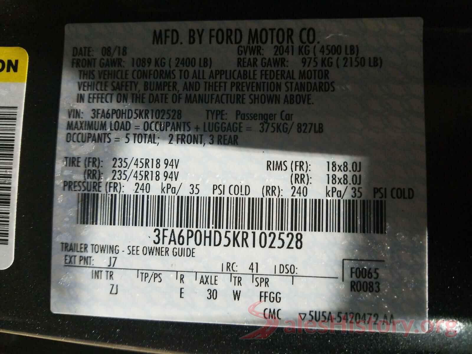 3FA6P0HD5KR102528 2019 FORD FUSION