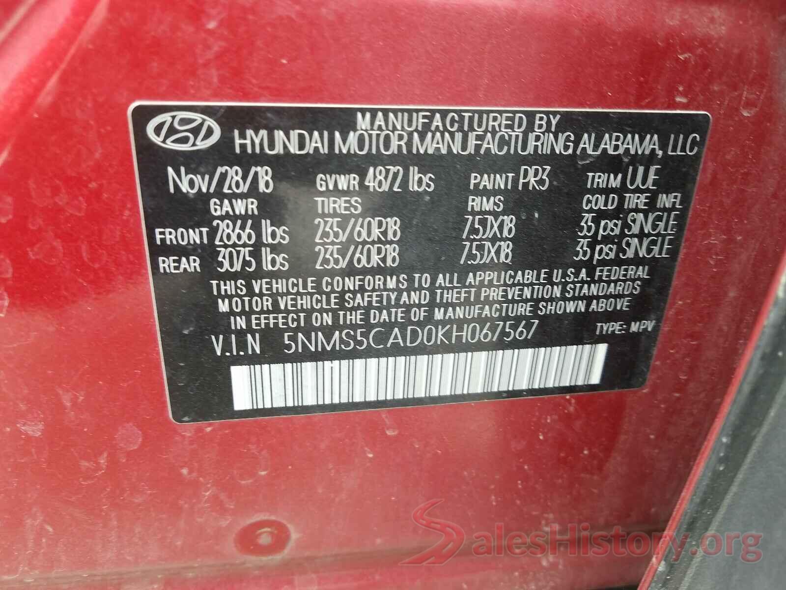 5NMS5CAD0KH067567 2019 HYUNDAI SANTA FE