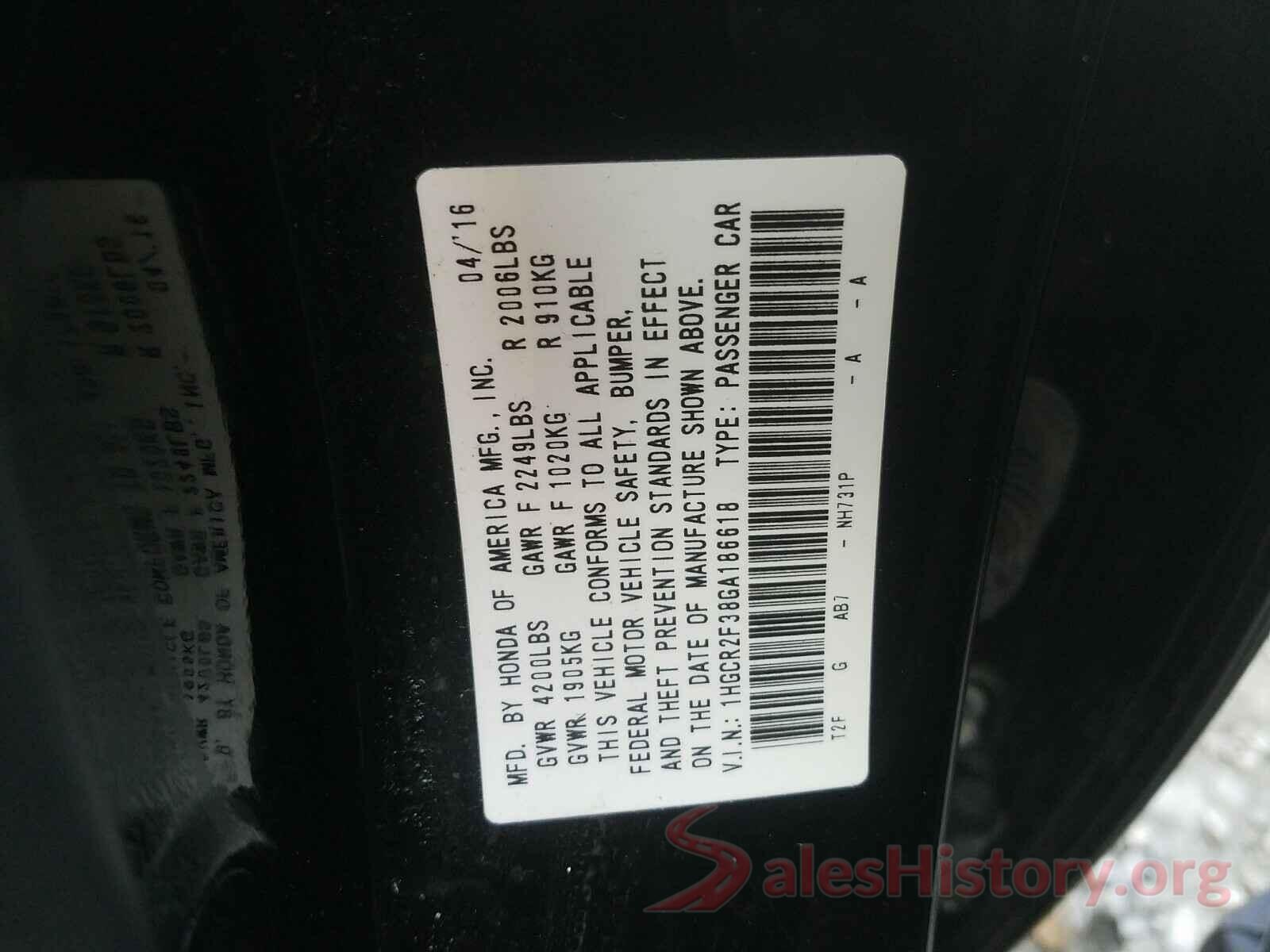 1HGCR2F38GA186618 2016 HONDA ACCORD