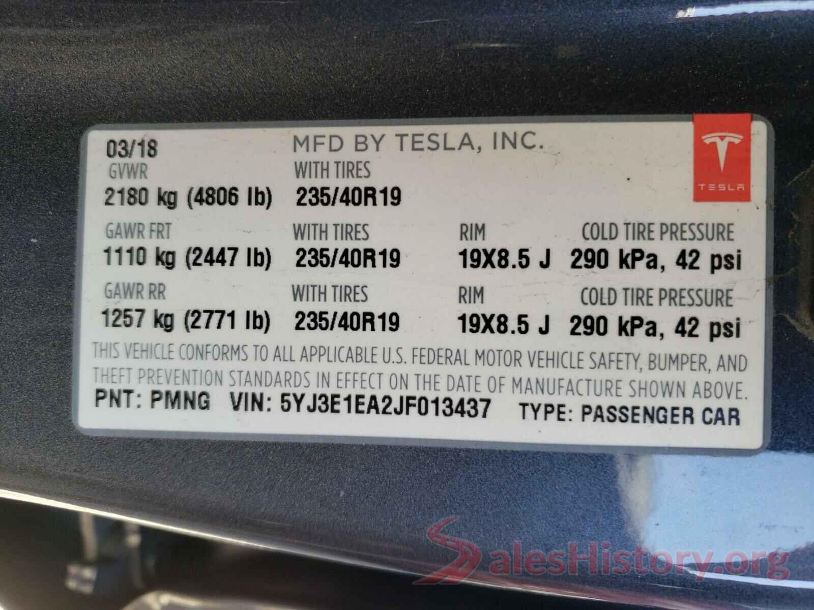 5YJ3E1EA2JF013437 2018 TESLA MODEL 3