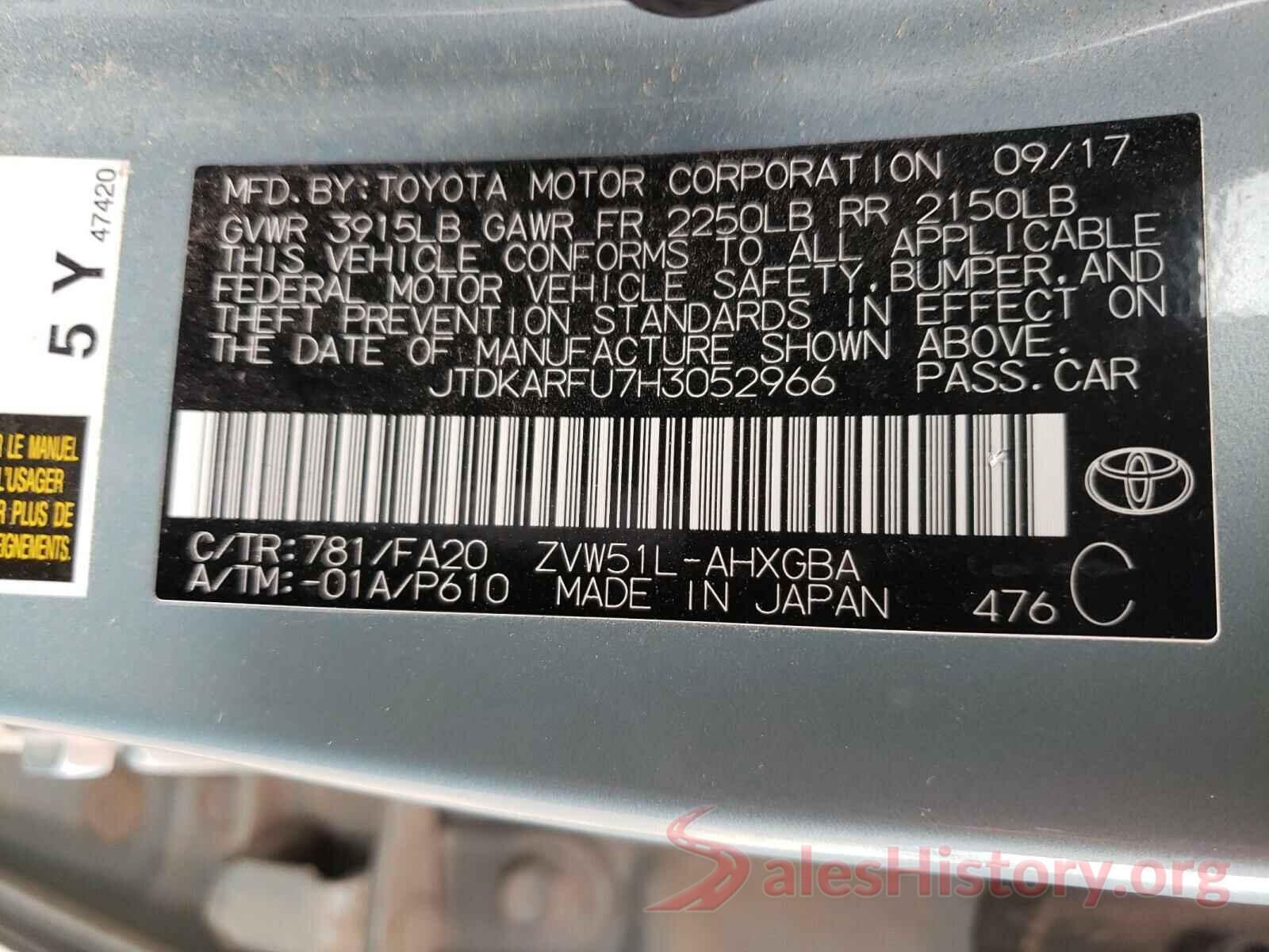 JTDKARFU7H3052966 2017 TOYOTA PRIUS