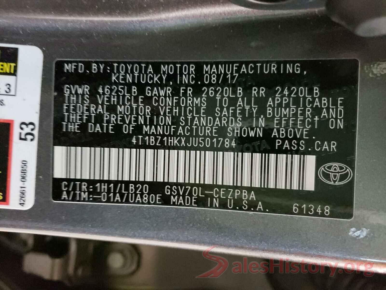 4T1BZ1HKXJU501784 2018 TOYOTA CAMRY