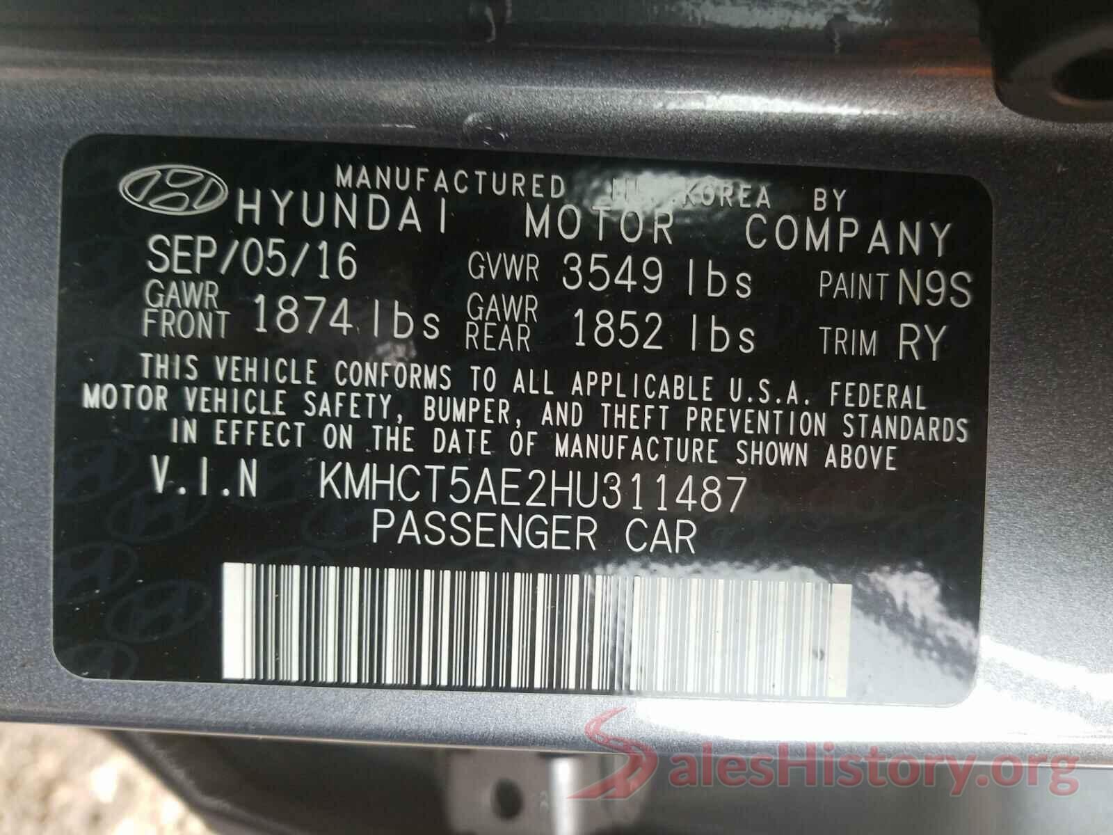 KMHCT5AE2HU311487 2017 HYUNDAI ACCENT