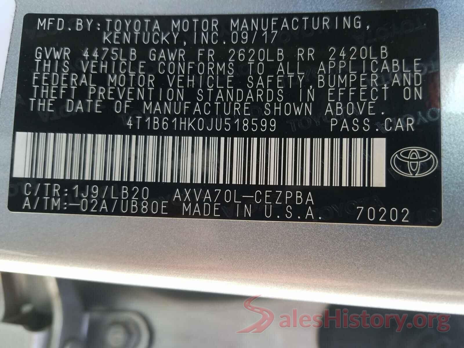 4T1B61HK0JU518599 2018 TOYOTA CAMRY