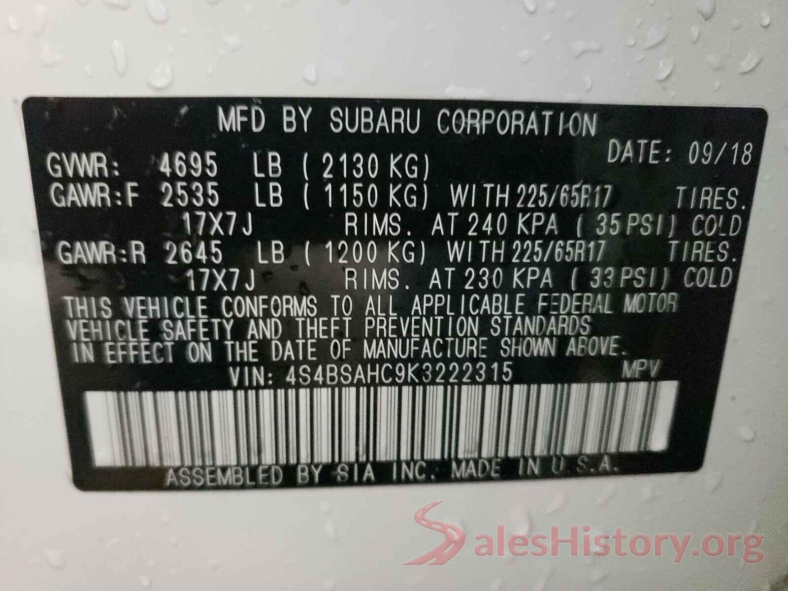 4S4BSAHC9K3222315 2019 SUBARU OUTBACK