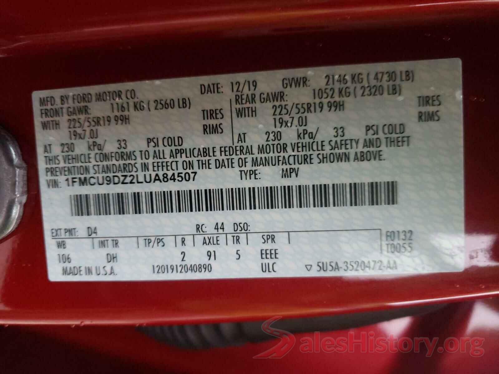 1FMCU9DZ2LUA84507 2020 FORD ESCAPE