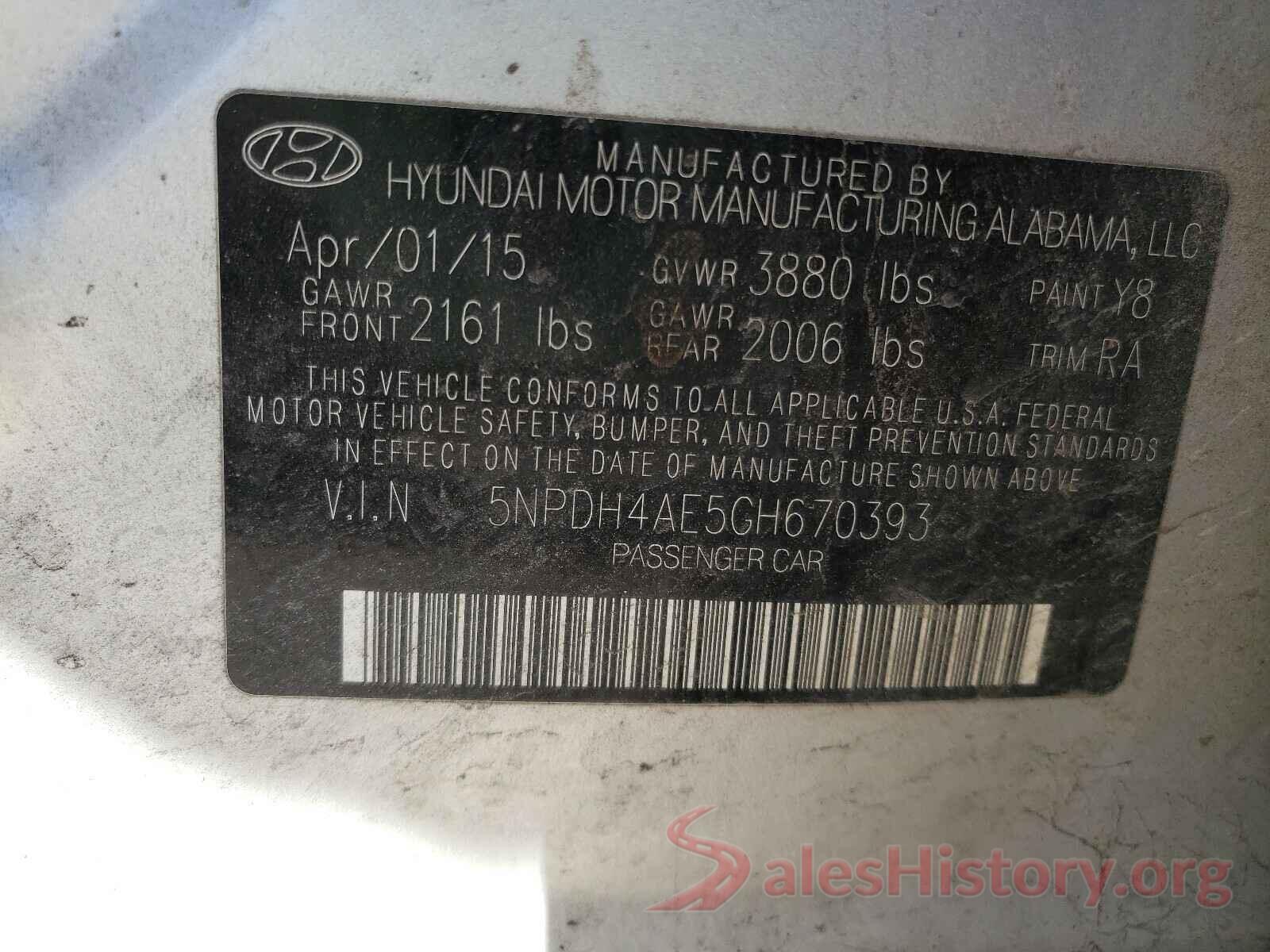 5NPDH4AE5GH670393 2016 HYUNDAI ELANTRA