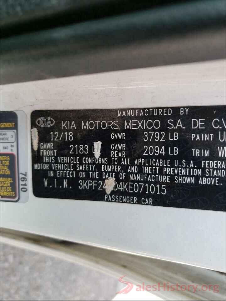 3KPF24AD4KE071015 2019 KIA FORTE