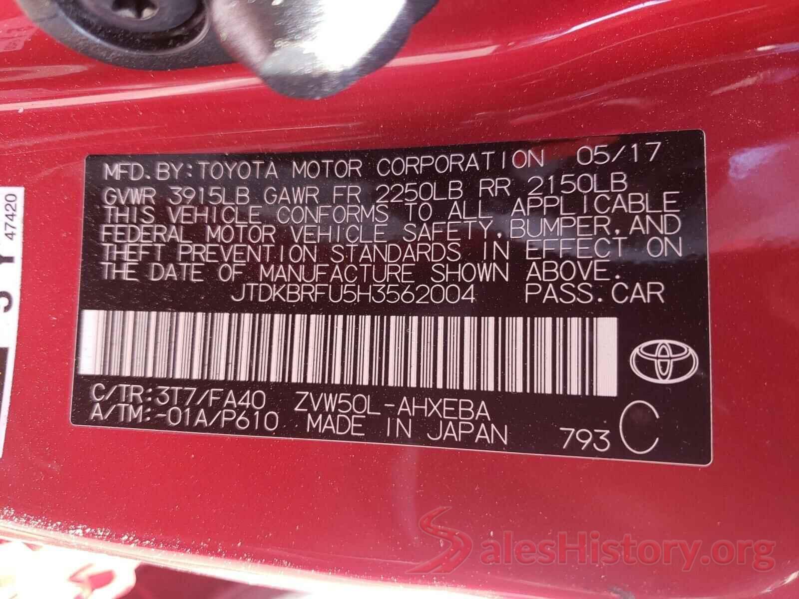 JTDKBRFU5H3562004 2017 TOYOTA PRIUS