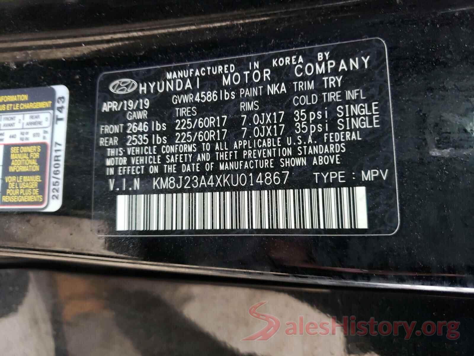 KM8J23A4XKU014867 2019 HYUNDAI TUCSON