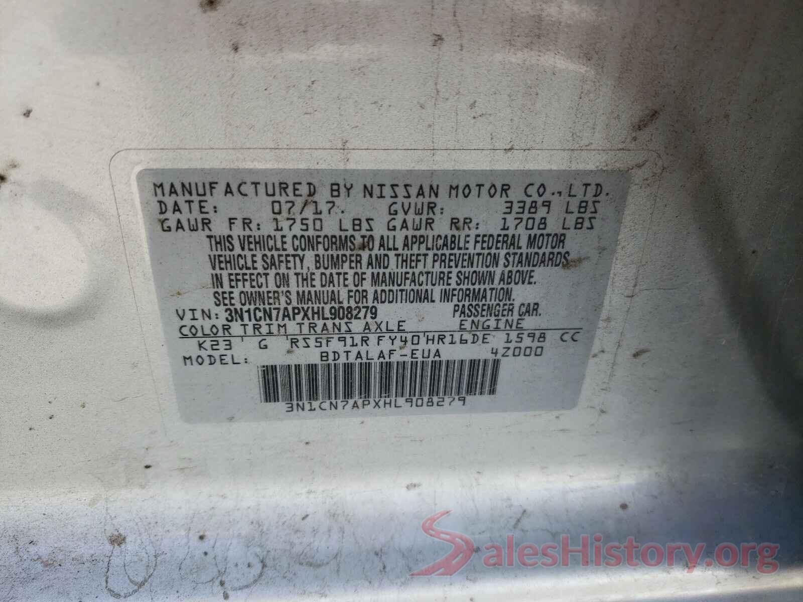 3N1CN7APXHL908279 2017 NISSAN VERSA