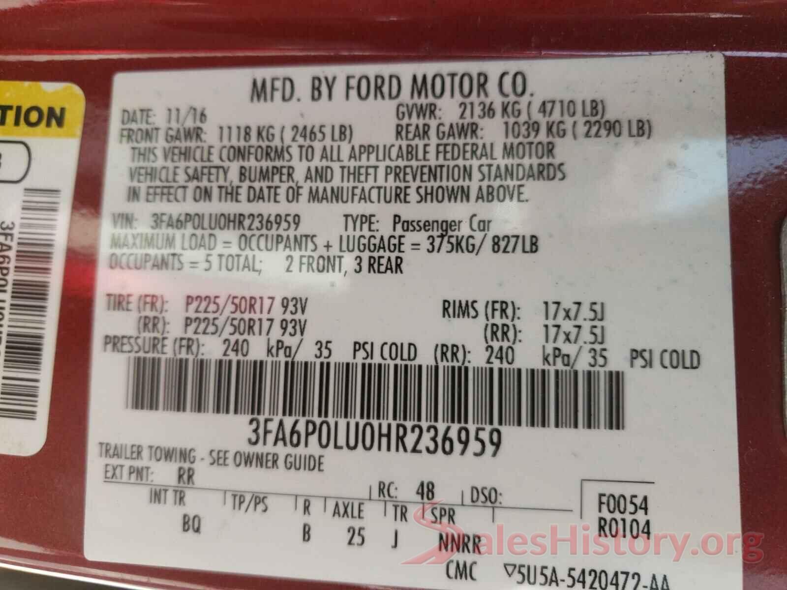 3FA6P0LU0HR236959 2017 FORD FUSION