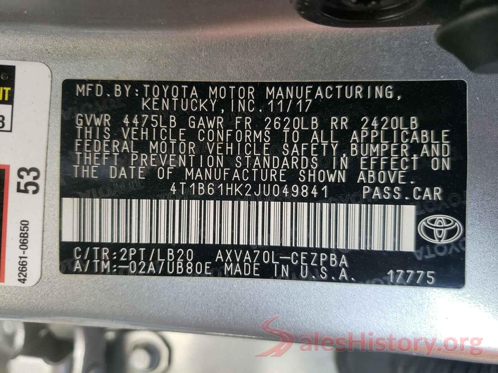 4T1B61HK2JU049841 2018 TOYOTA CAMRY