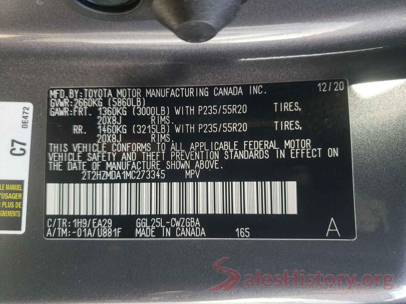 2T2HZMDA1MC273345 2021 LEXUS RX350