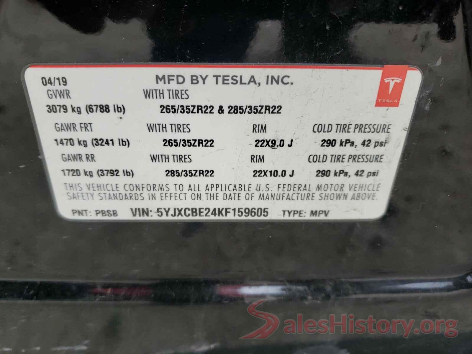 5YJXCBE24KF159605 2019 TESLA MODEL X