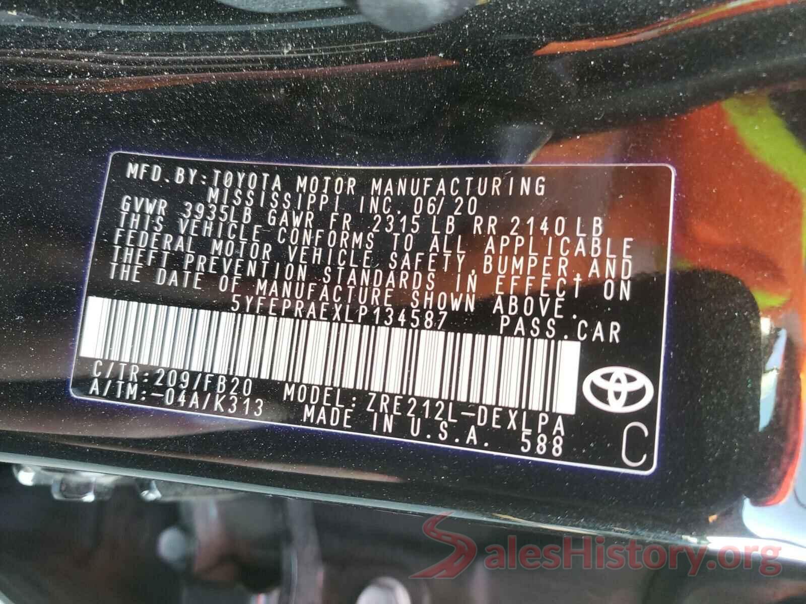 5YFEPRAEXLP134587 2020 TOYOTA COROLLA