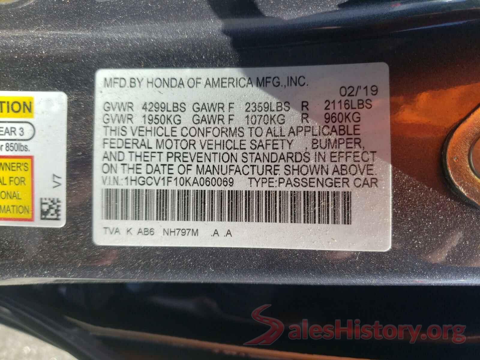 1HGCV1F10KA060069 2019 HONDA ACCORD