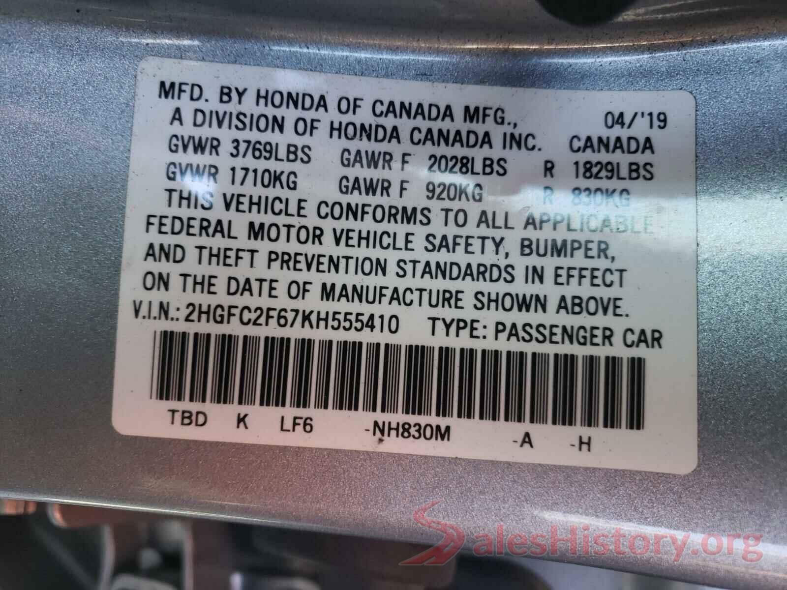 2HGFC2F67KH555410 2019 HONDA CIVIC