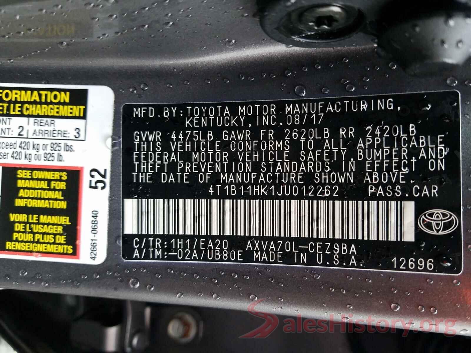 4T1B11HK1JU012262 2018 TOYOTA CAMRY