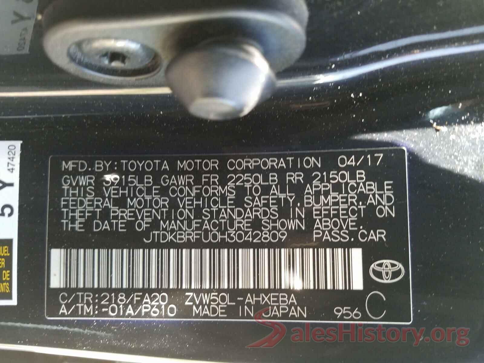 JTDKBRFU0H3042809 2017 TOYOTA PRIUS