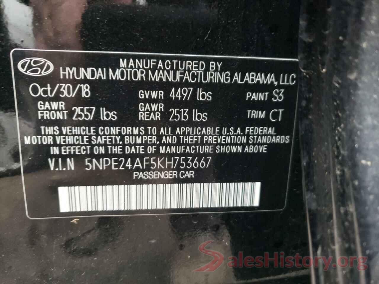 5NPE24AF5KH753667 2019 HYUNDAI SONATA